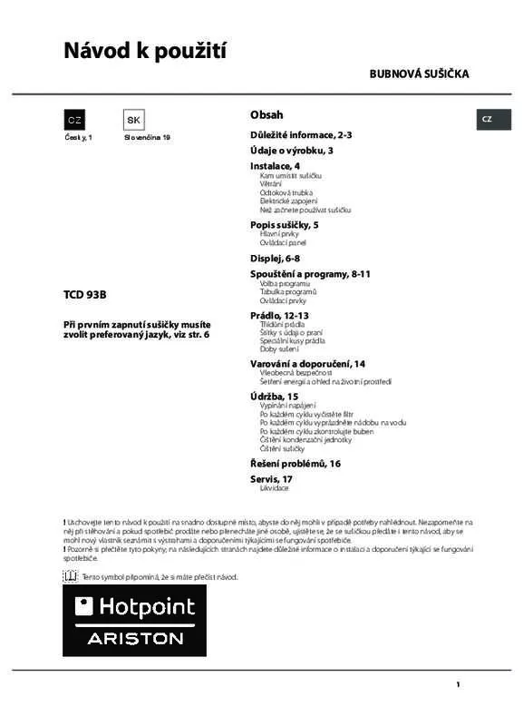 Mode d'emploi HOTPOINT TCD 93B 6H/Z1