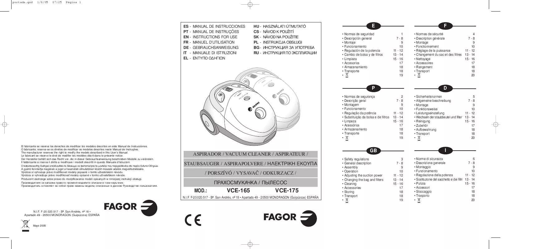Mode d'emploi FAGOR VCE -175