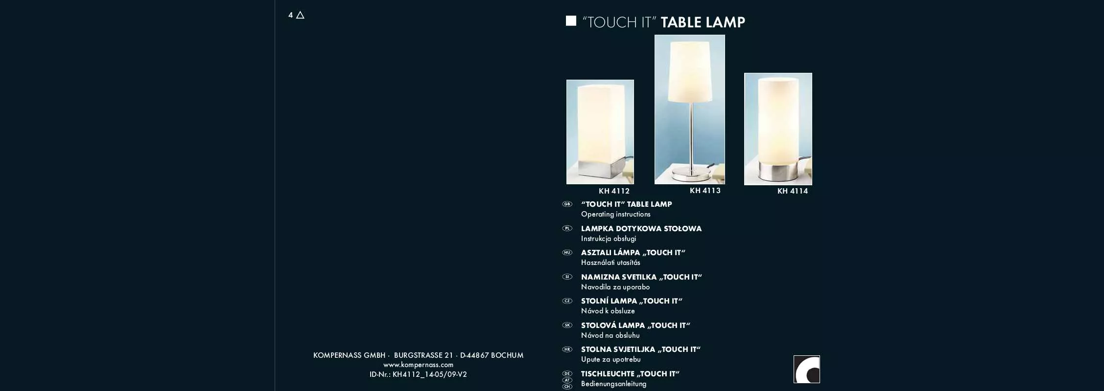 Mode d'emploi KOMPERNASS KH 4112 TOUCH IT TABLE LAMP