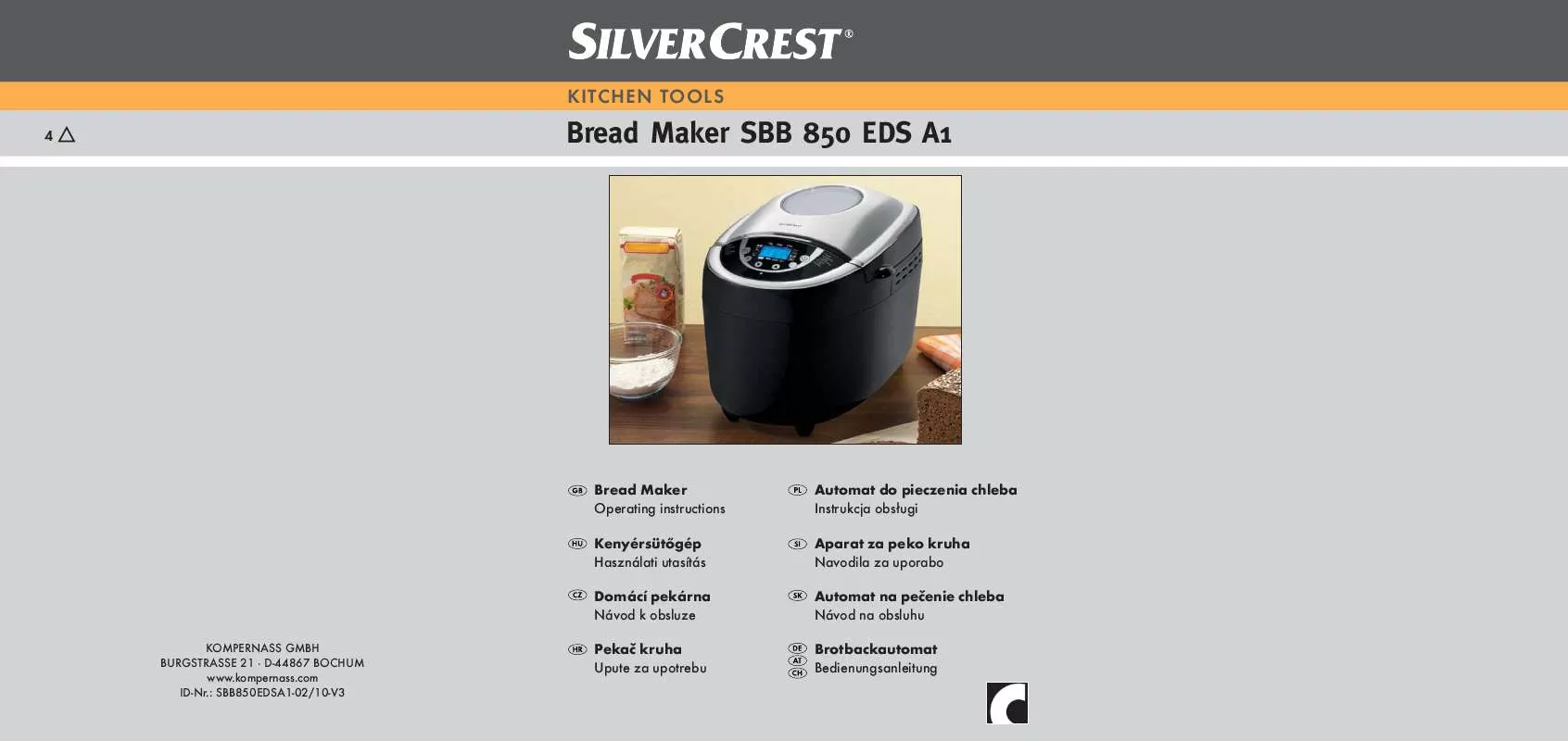 Mode d'emploi SILVERCREST SBB 850 EDS A1 BREAD MAKER