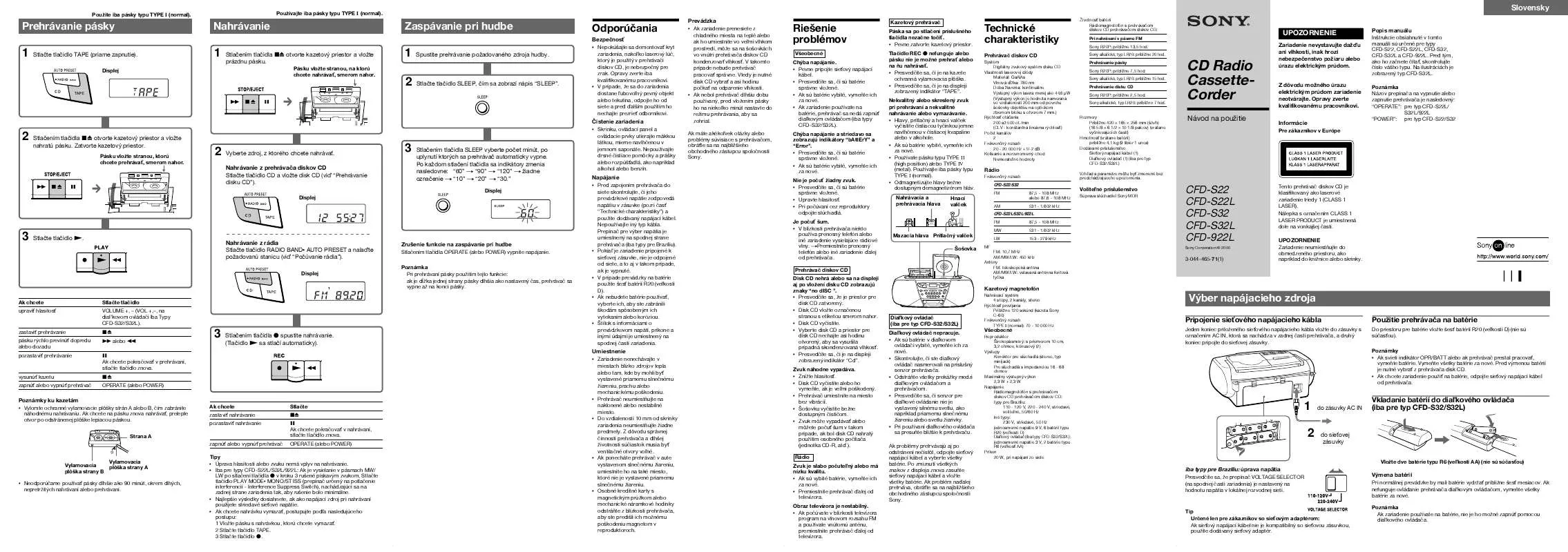 Mode d'emploi SONY CFD-922L