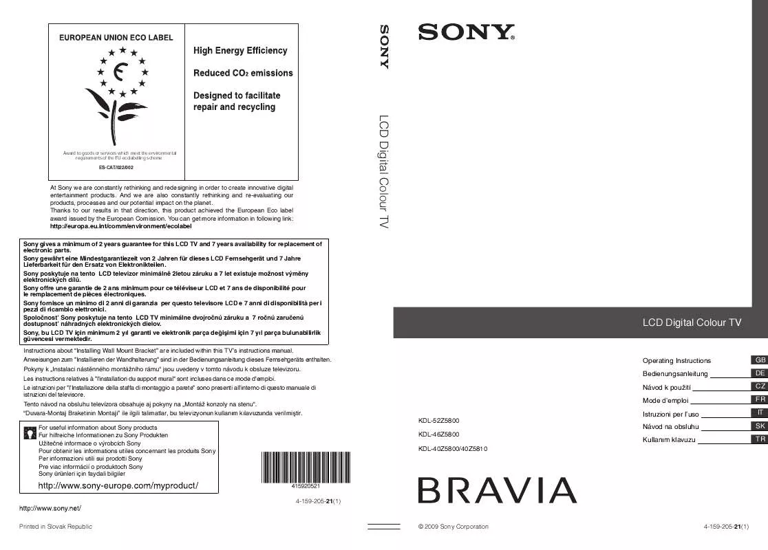 Mode d'emploi SONY KDL-40Z5800